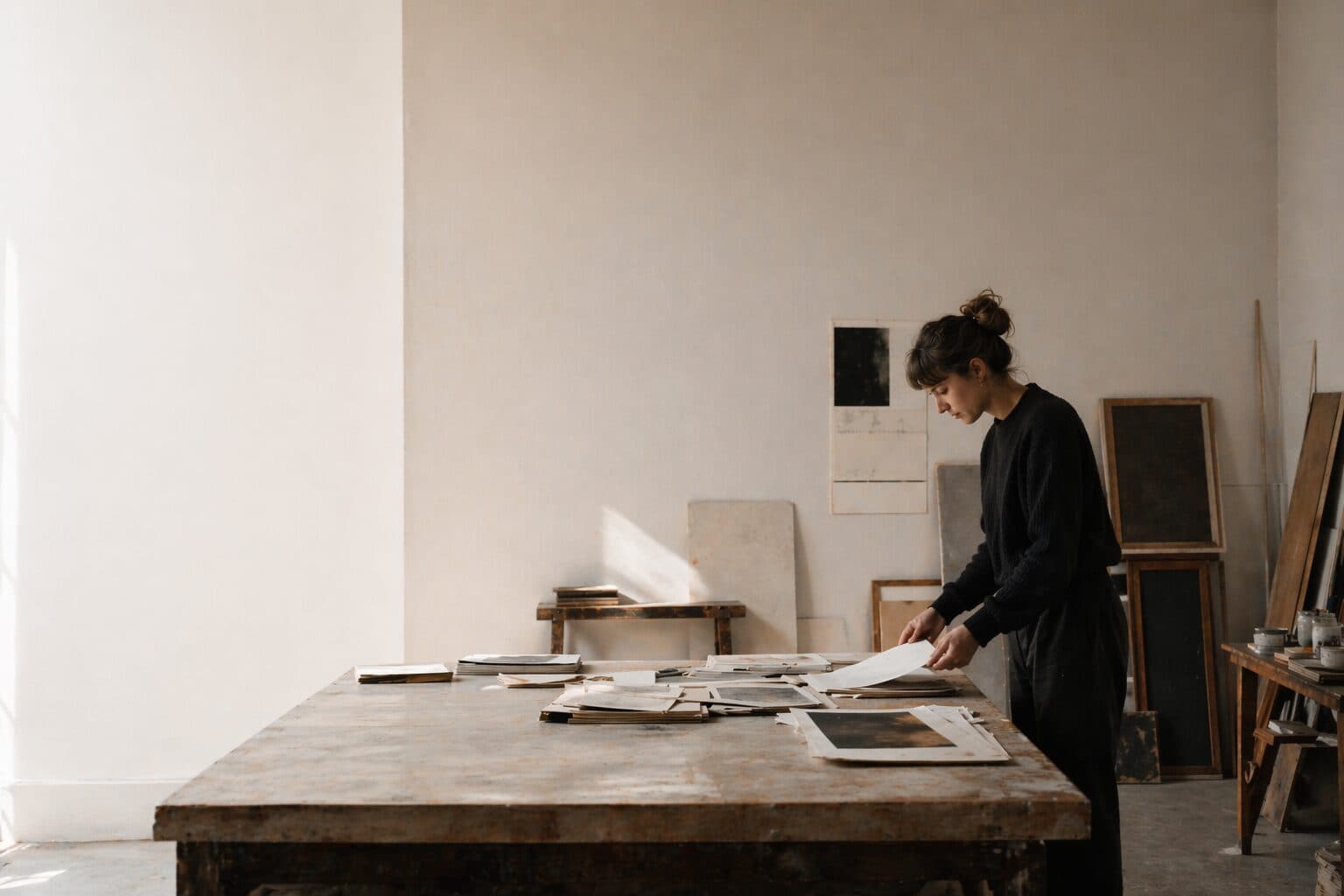 Artiste en plan large dans un atelier ouvert, table de travail couverte de tirages.