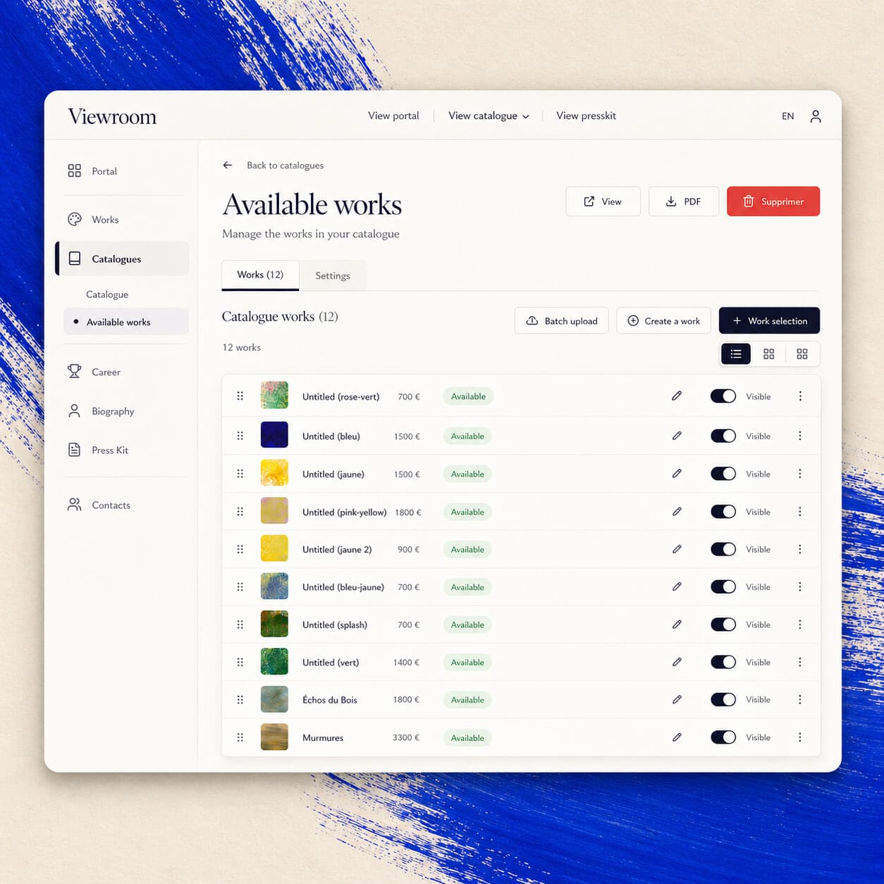 Interface de gestion d'un catalogue d'œuvres dans Viewroom : grille d'œuvres éditables.