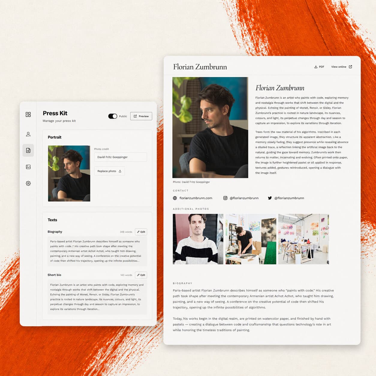Aperçu d'un press kit d'artiste Viewroom : photos HD, biographie et parcours en une page.