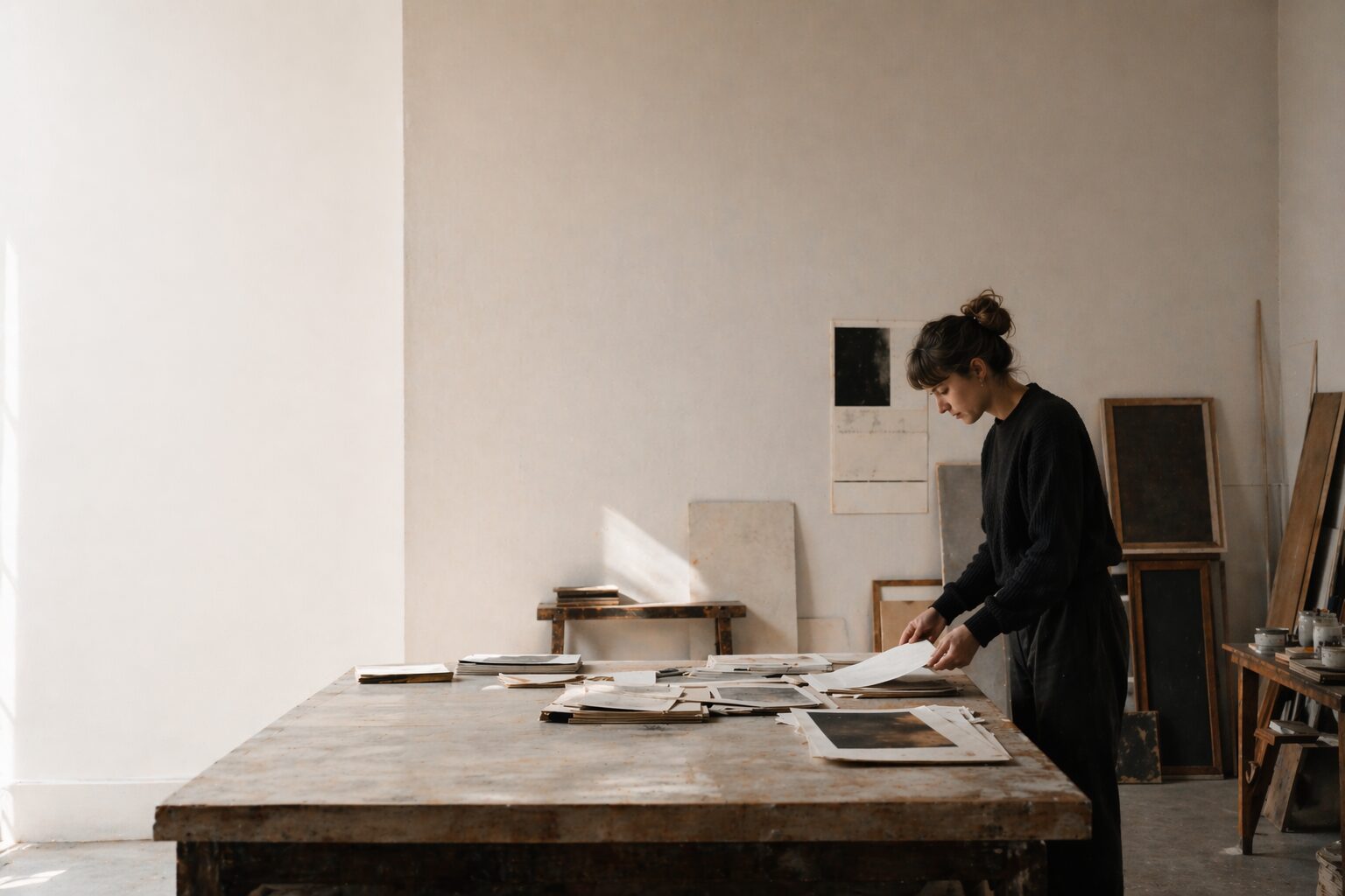 Wide shot of an artist in an open studio, working table covered with prints.